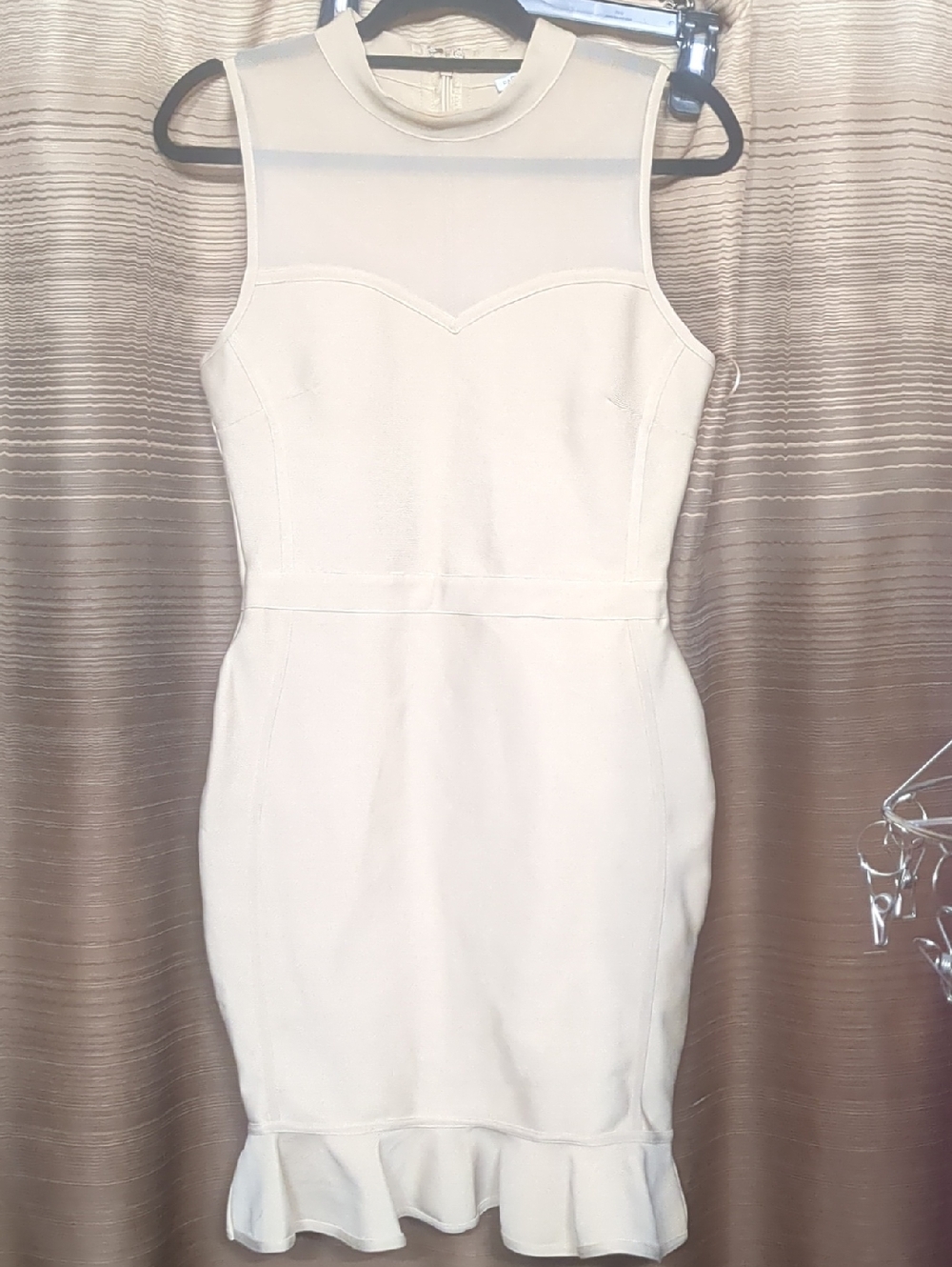 Fashion Nova White Sleeveless Sheer Yoke Bodycon Dress with Ruffle Hem